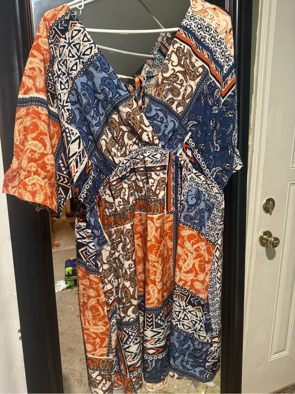 SHEIN Orange & Blue Patchwork V-Neck Midi Dress